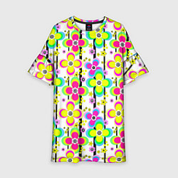 Платье клеш для девочки Цветочный ретро узор в неоновых тонах, цвет: 3D-принт