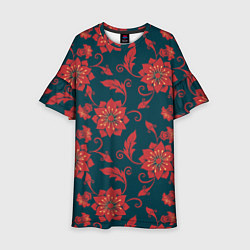 Платье клеш для девочки Red flowers texture, цвет: 3D-принт