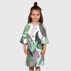 Платье клеш для девочки Зелёные, серые, голубые, сиреневые листья на белом, цвет: 3D-принт — фото 2