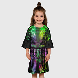 Платье клеш для девочки Неоновое здание ночью - Зелёный, цвет: 3D-принт — фото 2