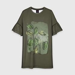 Платье клеш для девочки Нежные акварельные листья, цвет: 3D-принт