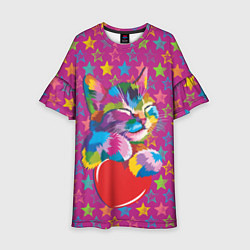 Платье клеш для девочки Сердечный котик в поп-арте, цвет: 3D-принт