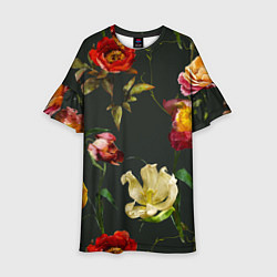 Платье клеш для девочки Цветы Нарисованные Красные Розы и Лилии На Коричне, цвет: 3D-принт