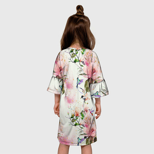 Детское платье Цветы Нарисованные Магнолии и Разноцветные Птицы / 3D-принт – фото 4