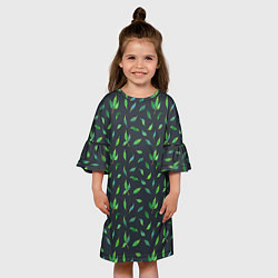 Платье клеш для девочки Зеленые листья и веточки на темном фоне, цвет: 3D-принт — фото 2