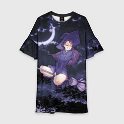 Платье клеш для девочки Веселая ведьма летит на метле, цвет: 3D-принт