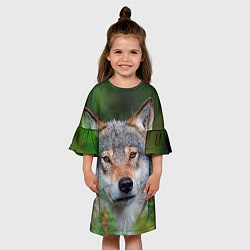 Платье клеш для девочки Волк на фоне зелени, цвет: 3D-принт — фото 2