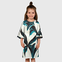 Платье клеш для девочки Листья тропические тёмно-синие, цвет: 3D-принт — фото 2