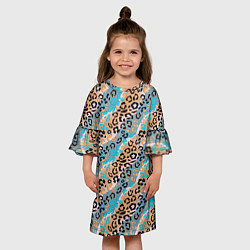 Платье клеш для девочки Леопардовый узор на синих, бежевых диагональных по, цвет: 3D-принт — фото 2
