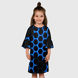 Платье клеш для девочки Соты на синем неоновом фоне, цвет: 3D-принт — фото 2