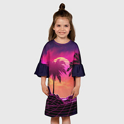 Платье клеш для девочки Пальмы и пляж в розовом закате ретро дизайн, цвет: 3D-принт — фото 2