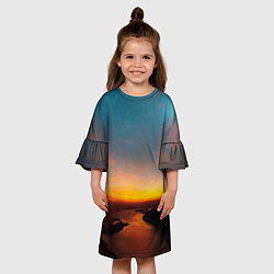 Платье клеш для девочки Горная река на фоне заката, цвет: 3D-принт — фото 2