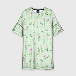 Платье клеш для девочки Акварельные растения на зеленой клетке, цвет: 3D-принт