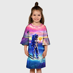 Платье клеш для девочки Космонавт среди планет в виртуальной вселенной, цвет: 3D-принт — фото 2