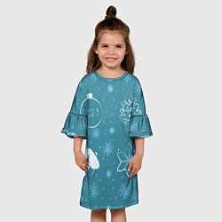Платье клеш для девочки Новогодние снежинки на голубом фоне, цвет: 3D-принт — фото 2