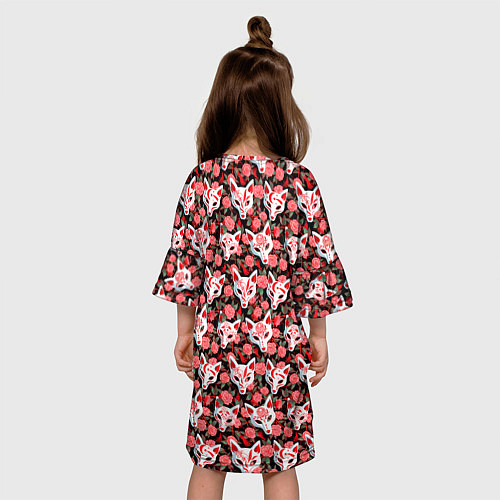 Детское платье Маски лисиц кицунэ и камелия на черном / 3D-принт – фото 4