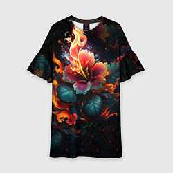 Платье клеш для девочки Огненный цветок на темном фоне, цвет: 3D-принт
