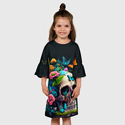 Платье клеш для девочки Цветочный череп, цвет: 3D-принт — фото 2