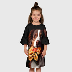 Платье клеш для девочки Пёс держит букет цветов, цвет: 3D-принт — фото 2