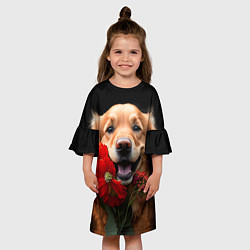 Платье клеш для девочки Золотистый ретривер с цветами, цвет: 3D-принт — фото 2