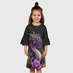 Платье клеш для девочки Неоновый дракон с цветами, цвет: 3D-принт — фото 2