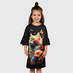 Платье клеш для девочки Рыжий кот в цветах, цвет: 3D-принт — фото 2