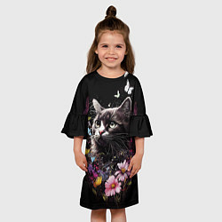 Платье клеш для девочки Черный кот на летнем лугу, цвет: 3D-принт — фото 2