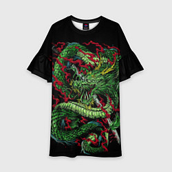 Платье клеш для девочки Green japan dragon, цвет: 3D-принт