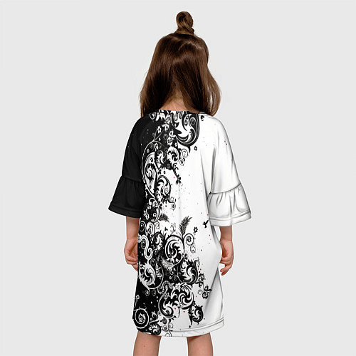 Детское платье Черно-белая птица среди узорчатых цветов / 3D-принт – фото 4