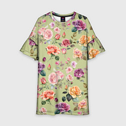 Платье клеш для девочки Акварельные цветы - паттерн зеленый, цвет: 3D-принт
