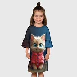 Платье клеш для девочки Котик в розовом свитере, цвет: 3D-принт — фото 2