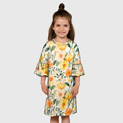 Платье клеш для девочки Желтые и розовые хризантемы и пионы на светлом фон, цвет: 3D-принт — фото 2