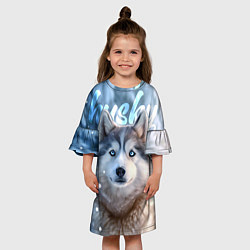 Платье клеш для девочки Хаски с голубыми глазами в зимнем лесу, цвет: 3D-принт — фото 2