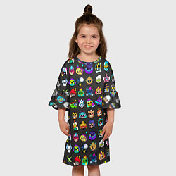 Платье клеш для девочки Значки на скины Бравл Старс Brawl Черный фон Пины, цвет: 3D-принт — фото 2