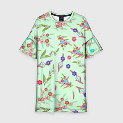 Платье клеш для девочки Цветы на веточках и листья, цвет: 3D-принт