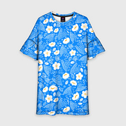 Платье клеш для девочки Белые птицы голуби и цветы яблони на синем фоне не, цвет: 3D-принт