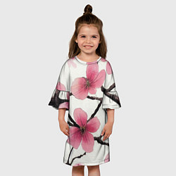 Платье клеш для девочки Цветы и ветви японской сакуры - текстура холста, цвет: 3D-принт — фото 2