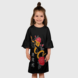 Платье клеш для девочки Змея в цветах и иероглифы, цвет: 3D-принт — фото 2