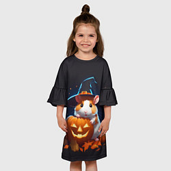 Платье клеш для девочки Хомяк в шляпе ведьмы и тыква на Хэллоуин, цвет: 3D-принт — фото 2