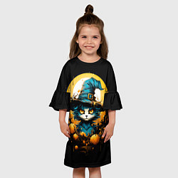 Платье клеш для девочки Синий кот колдун, цвет: 3D-принт — фото 2