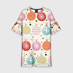 Платье клеш для девочки Разноцветные новогодние шары, цвет: 3D-принт