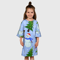 Платье клеш для девочки Снеговики с новогодними елками паттерн, цвет: 3D-принт — фото 2