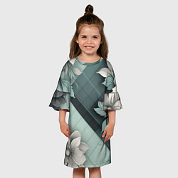 Платье клеш для девочки Мятная клетка и цветы, цвет: 3D-принт — фото 2