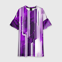 Платье клеш для девочки Киберпанк полосы белый и фиолетовый, цвет: 3D-принт