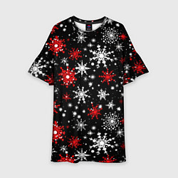 Платье клеш для девочки Белые и красные снежинки на черном фоне - нейросет, цвет: 3D-принт