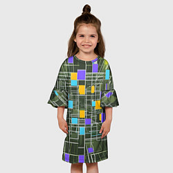 Платье клеш для девочки Разноцветные квадраты и белые полосы, цвет: 3D-принт — фото 2