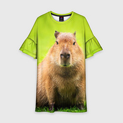Платье клеш для девочки Capybara on green grass, цвет: 3D-принт