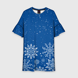 Платье клеш для девочки Текстура снежинок на синем фоне, цвет: 3D-принт