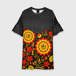 Платье клеш для девочки Хохлома: ягоды-листья-цветы, цвет: 3D-принт