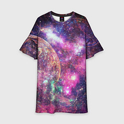 Платье клеш для девочки Пурпурные космические туманности со звездами, цвет: 3D-принт